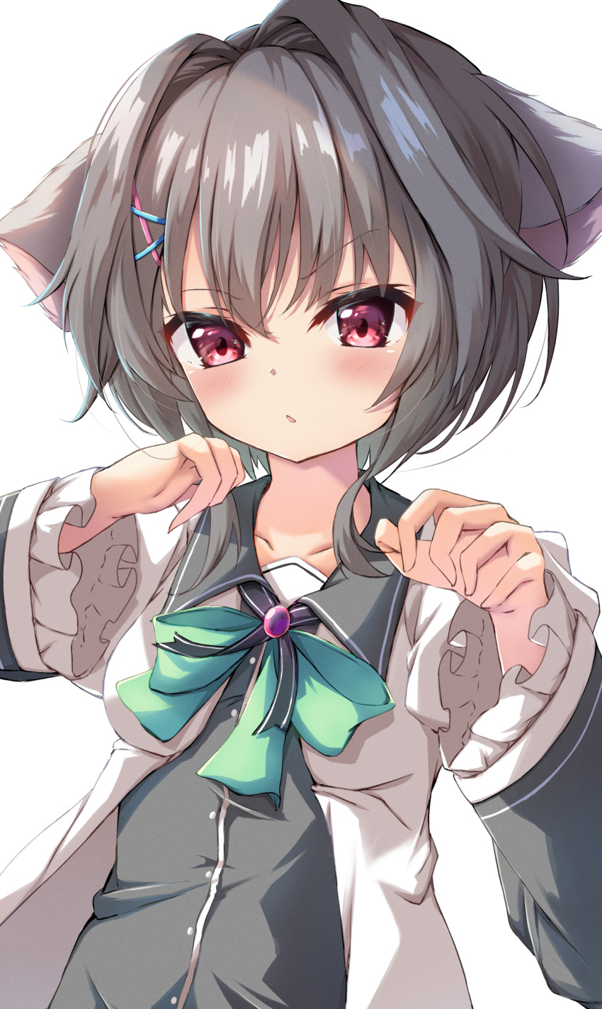 1girl 9-nine- absurdres animal_ears black_hair black_shirt blush bow cat_ears commentary eyelashes frilled_sleeves frills green_bow hair_between_eyes hair_intakes hair_ornament hairclip hands_up highres kemonomimi_mode long_sleeves looking_at_viewer parted_lips paw_pose red_eyes school_uniform shirt short_hair_with_long_locks simple_background solo tatika714 upper_body v-shaped_eyebrows white_background wide_sleeves wing_collar yuuki_noa