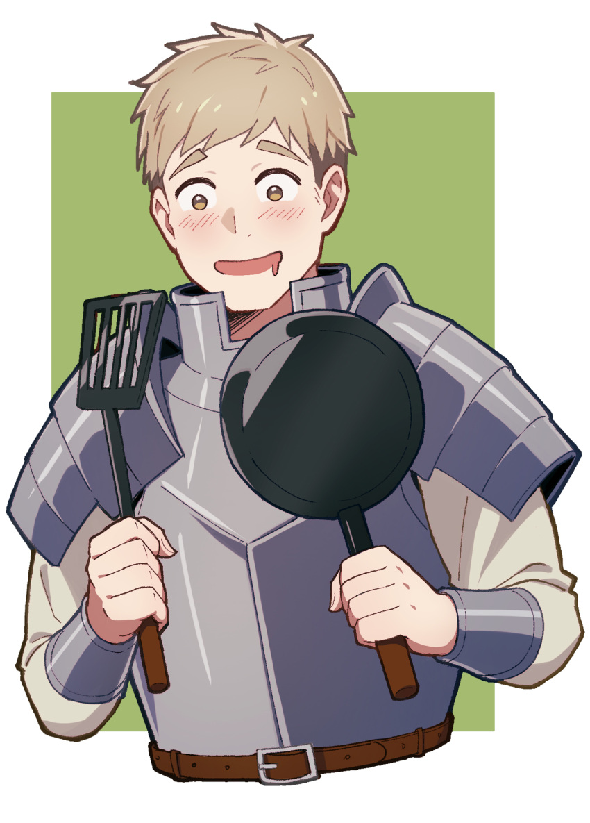 1boy armor belt blush breastplate brown_belt brown_eyes brown_hair cropped_torso dungeon_meshi frying_pan highres holding holding_frying_pan holding_spatula laios_thorden lenko looking_at_object male_focus open_mouth pauldrons short_hair shoulder_armor simple_background spatula