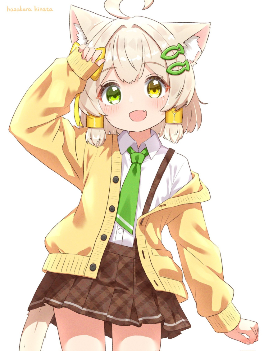 1boy :d ahoge animal_ears bow brown_skirt cat_boy cat_ears cat_tail fang fish_hair_ornament green_eyes green_necktie hair_ornament hazakura_hinata heterochromia highres kaya_(hazakura_hinata) light_brown_hair looking_at_viewer male_focus necktie original otoko_no_ko skin_fang skirt smile tail uniform yellow_bow yellow_eyes