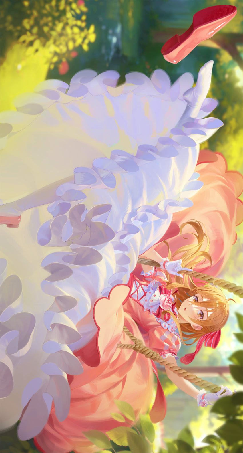 1boy :o absurdres aheuretokki arm_up ascot blurry brown_eyes brown_hair commentary cross-laced_clothes cross-laced_dress crossdressing day depth_of_field dress ensemble_stars! fine_art_parody floating_hair flower foot_out_of_frame frilled_dress frills garden gloves half_updo hand_up highres holding long_hair looking_at_viewer mashiro_tomoya no_shoes otoko_no_ko parody pink_dress pink_flower pink_footwear pink_ribbon pink_rose puffy_short_sleeves puffy_sleeves ribbon rope rose shoe_loss shoe_soles short_sleeves sideways sitting solo swing the_swing white_ascot white_dress white_gloves wrist_flower
