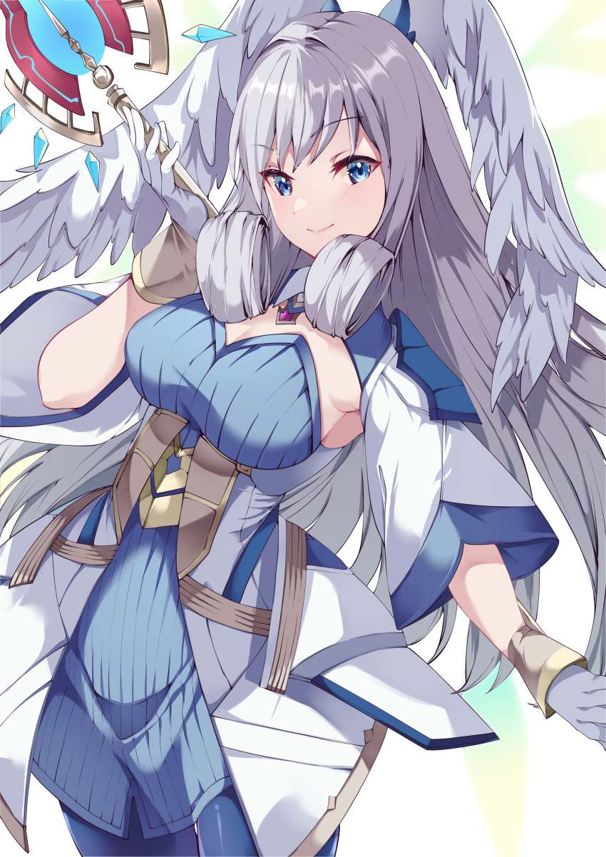 1girl absurdres blue_dress blue_eyes breasts cleavage curly_hair dress gloves grey_hair head_wings highres holding holding_staff long_hair looking_at_viewer medium_breasts melia_antiqua risumi_(taka-fallcherryblossom) short_sleeves simple_background smile solo staff white_gloves wide_sleeves wings xenoblade_chronicles_(series) xenoblade_chronicles_3