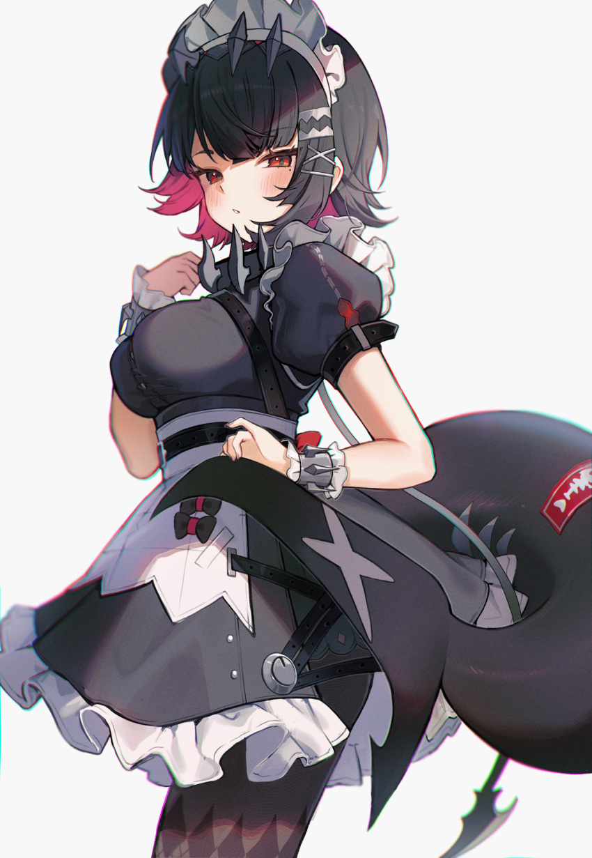 1girl apron black_dress black_hair blush breasts colored_inner_hair cowboy_shot dress ellen_joe fins fish_tail from_side hair_ornament highres looking_at_viewer looking_to_the_side maid maid_apron maid_headdress medium_breasts mole mole_under_eye multicolored_hair pantyhose parted_lips puffy_short_sleeves puffy_sleeves red_eyes red_hair shark_tail short_sleeves simple_background solo standing tail white_background wrist_cuffs x_hair_ornament yenkoes zenless_zone_zero