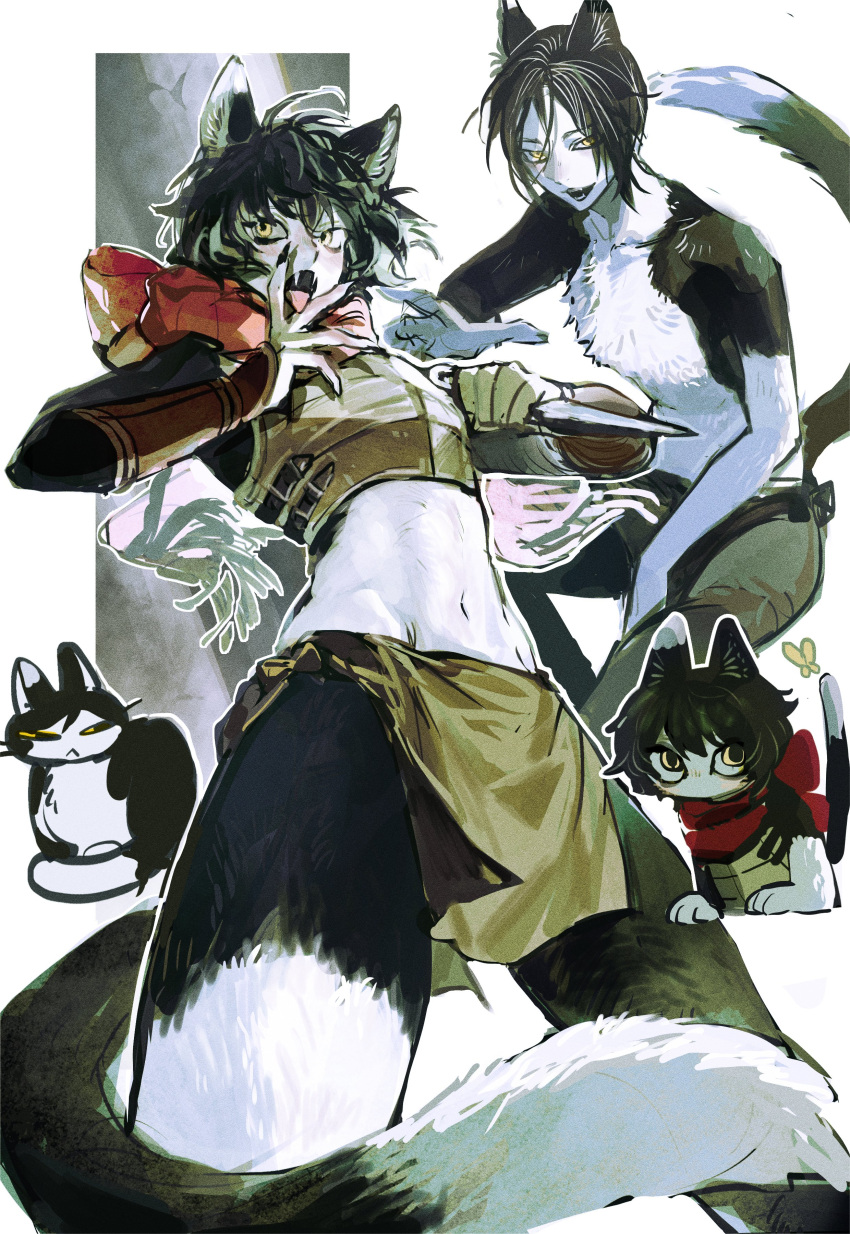 1girl absurdres animal animal_ears animalization arm_guards armor black_hair body_fur brown_skirt bug butterfly cat cat_ears cat_girl cat_tail cowboy_shot crop_top cropped_torso dungeon_meshi fangs furrification furry furry_female hair_between_eyes highres holding holding_weapon invisible_chair izutsumi korean_commentary kunai leather_armor looking_at_viewer mgmg_1012 midriff miniskirt mismatched_animal_ear_colors multiple_views open_mouth outline pelvic_curtain red_scarf scarf short_hair sideways_glance sitting skirt sleeveless tail tail_raised weapon white_outline yellow_eyes