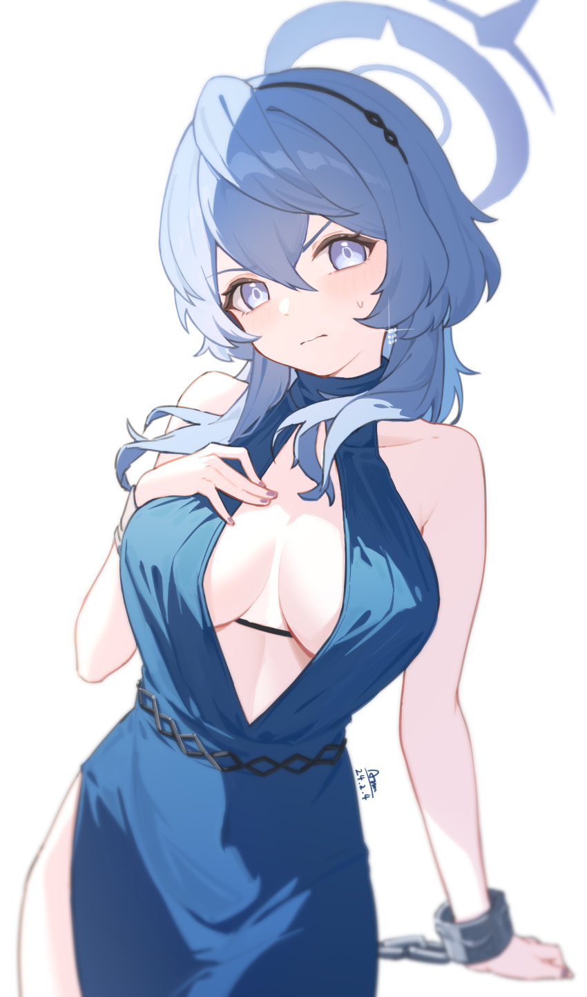 1girl absurdres ako_(blue_archive) ako_(dress)_(blue_archive) black_hairband blue_archive blue_dress blue_eyes blue_hair blue_halo blush breasts chiyo_akira closed_mouth collarbone cuffs dated dress hair_between_eyes hairband halo handcuffs highres large_breasts long_hair looking_at_viewer official_alternate_costume sideboob signature simple_background sleeveless sleeveless_dress solo white_background