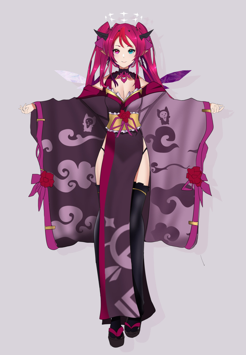1girl absurdres alternate_costume altronage black_panties black_thighhighs blue_eyes breasts cleavage drop_shadow earrings full_body grey_background heterochromia highres hololive hololive_english horns irys_(hololive) japanese_clothes jewelry kimono long_hair medium_breasts multicolored_hair obi panties platform_footwear pointy_ears purple_eyes purple_footwear purple_hair purple_kimono red_hair sandals sash smile solo straight-on streaked_hair thighhighs thong underwear very_long_hair virtual_youtuber