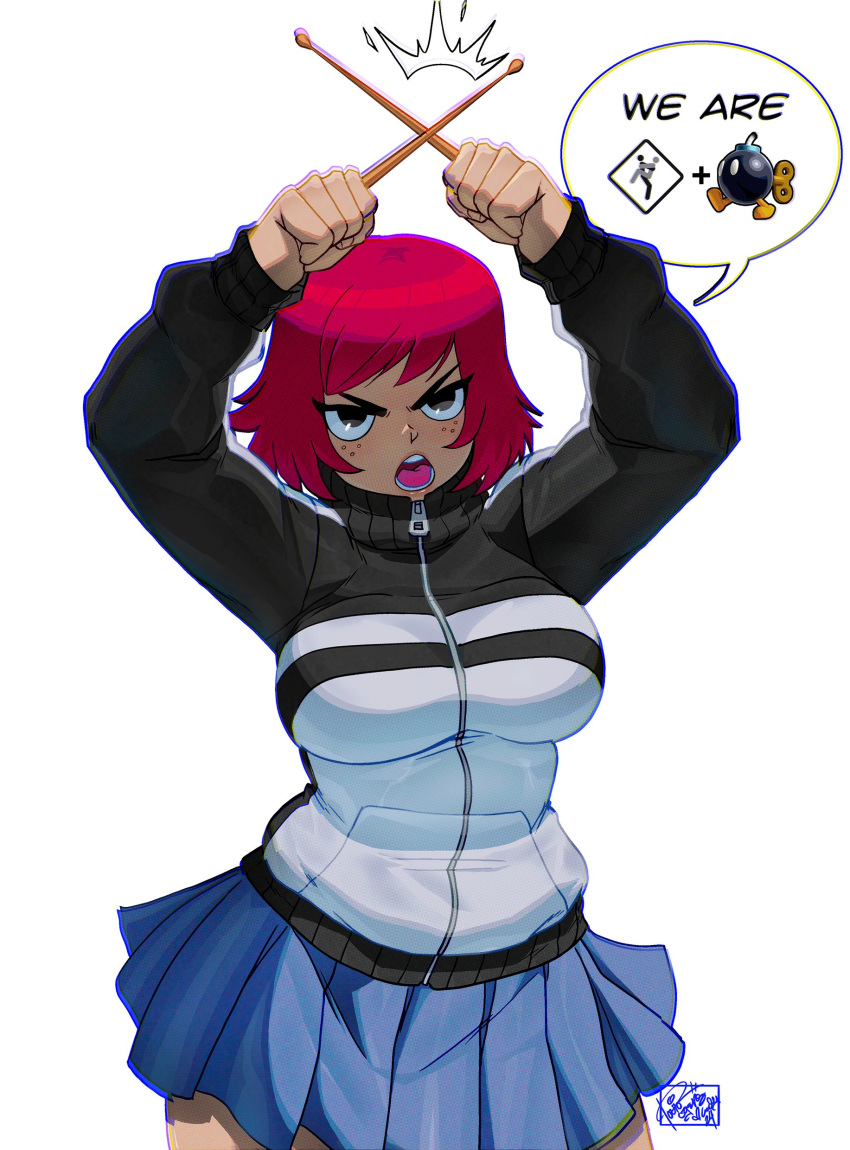 1girl absurdres arms_up artist_name black_jacket blue_skirt bob-omb breasts cowboy_shot d: drumsticks emoji english_text freckles highres holding holding_drumsticks jacket large_breasts looking_at_viewer mario_(series) miniskirt pleated_skirt red_hair short_hair skirt solo speech_bubble teeth tongue tovio_rogers white_jacket zipper