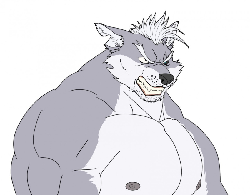 2018 anthro canid canine canis flat_colors fur grey_body grey_fur hair male mammal multicolored_body multicolored_fur muscular muscular_anthro muscular_male nintendo nipples pecs scar solo star_fox teeth two_tone_body two_tone_fur white_hair wolf wolf_o'donnell xxsparcoxx