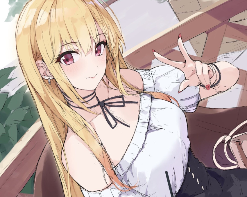 1girl black_skirt blonde_hair blush closed_mouth commentary dutch_angle earrings eyelashes fence gyaru hair_between_eyes hand_up high-waist_skirt highres hoop_earrings indoors jewelry kitagawa_marin long_hair looking_at_viewer nail_polish off-shoulder_shirt off_shoulder red_eyes red_nails shirt short_sleeves sidelocks sketch skirt smile solo sono_bisque_doll_wa_koi_wo_suru straight_hair stud_earrings tsurime upper_body w white_shirt yanagi_marie