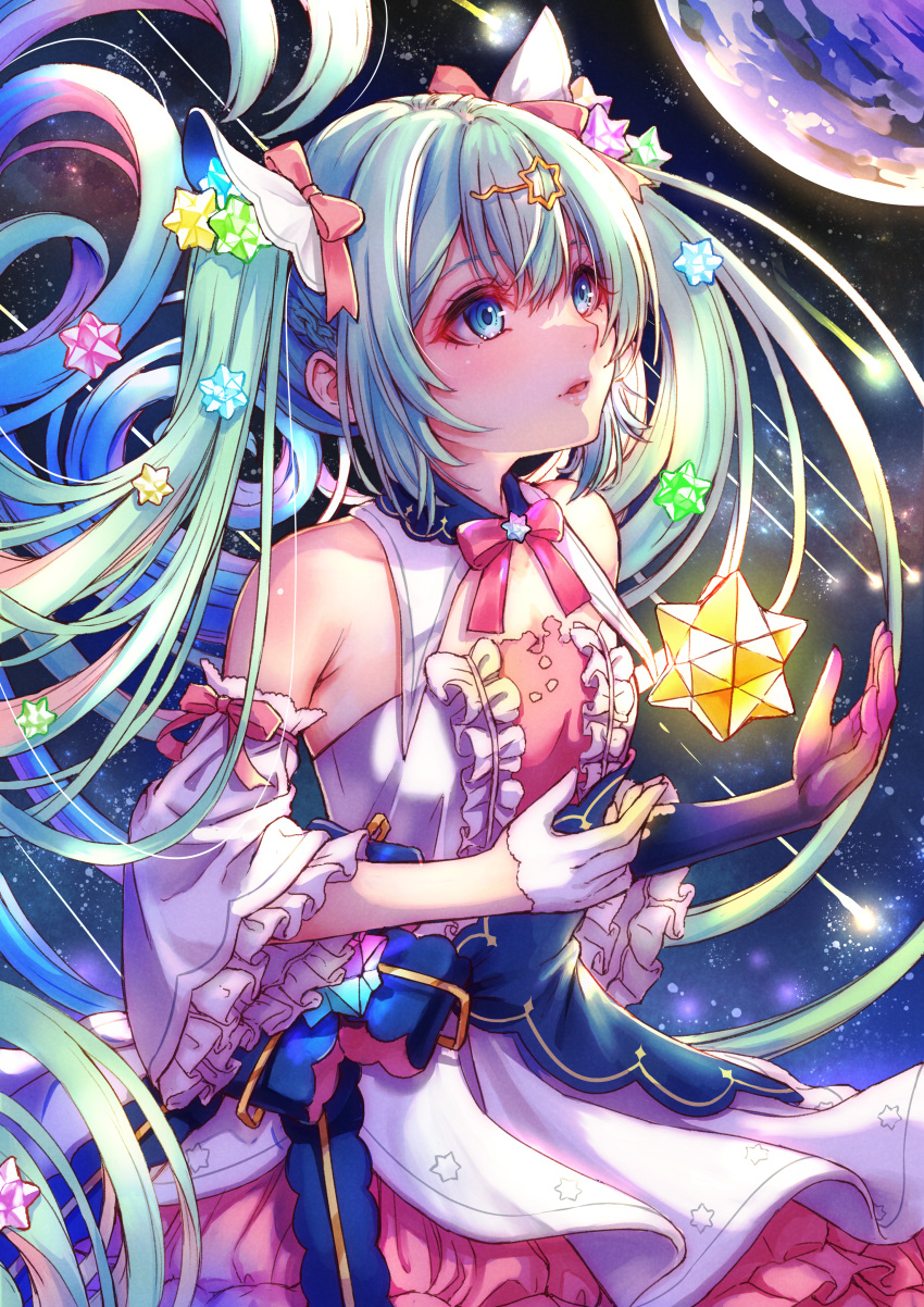 1girl absurdres asymmetrical_gloves blue_eyes blue_hair commentary detached_sleeves dress earth_(planet) english_commentary floating_hair frilled_sleeves frills gloves hair_ornament hair_ribbon hairclip hatsune_miku hatsune_miku_expo highres kodue55 long_hair neck_ribbon parted_lips planet ribbon shooting_star single_detached_sleeve sleeveless sleeveless_dress small_stellated_dodecahedron solo space star_(symbol) star_hair_ornament twintails very_long_hair vocaloid