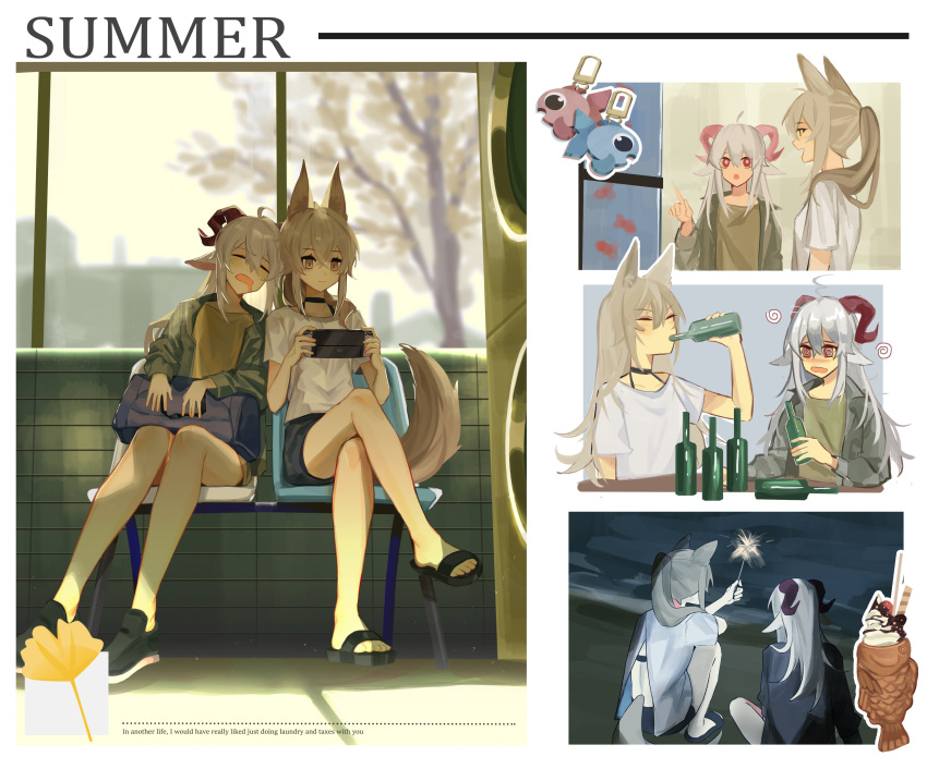 2girls absurdres animal_ears aquarium beach drinking fang fenrir_(ghost_(tama)) flat_chest goat_ears goat_girl goat_horns goat_tail green_jacket hannah_(populamalus) highres horns jacket long_hair long_sleeves looking_at_another multiple_girls multiple_views open_mouth original populamalus red_eyes shirt shorts sitting skirt smile thighhighs white_hair white_shirt wolf_ears wolf_girl yellow_eyes