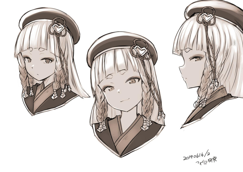 1girl beret blunt_bangs blush braid erune eyeliner granblue_fantasy greyscale hat highres long_hair looking_at_viewer makeup monochrome multiple_views nosuku pholia short_eyebrows side_braids smile