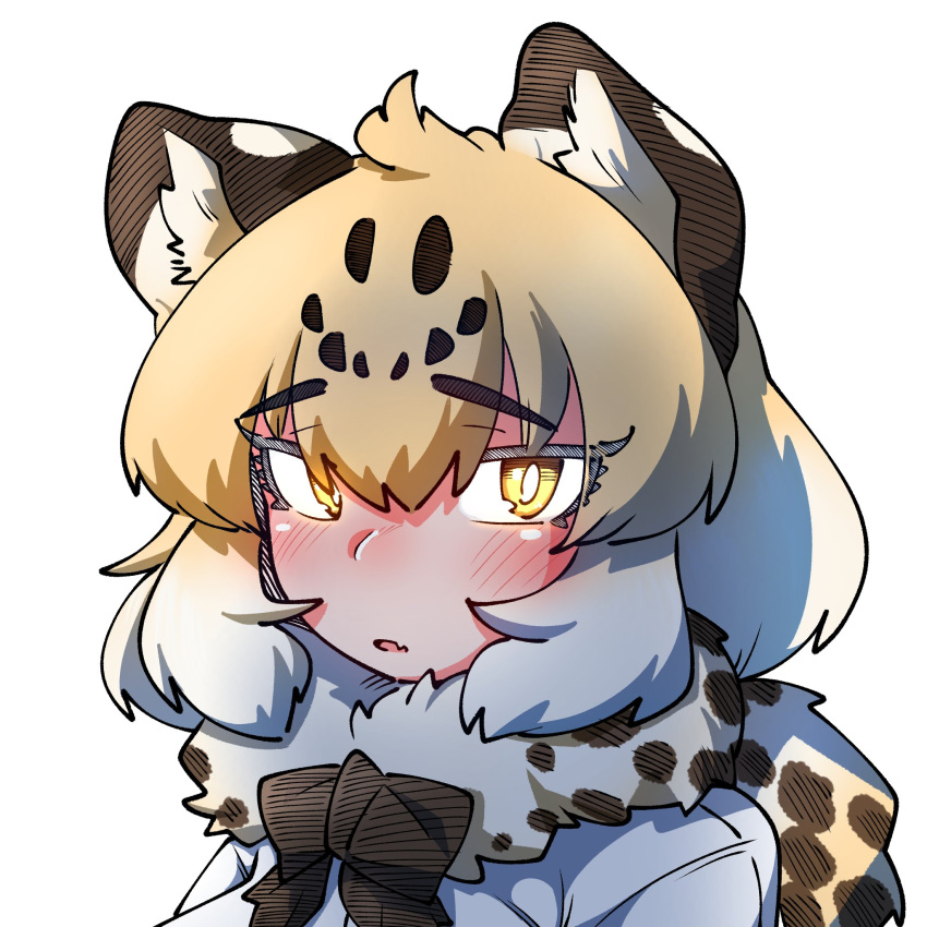 1girl animal_ears black_bow black_bowtie blonde_hair blush bow bowtie brown_hair close-up fang fur_collar glowing glowing_eyes hair_between_eyes highres jaguar_(kemono_friends) jaguar_ears jaguar_girl jaguar_print kemono_friends looking_at_viewer multicolored_hair niboshi_(niboshi_aruku) open_mouth print_scarf scarf shirt short_hair sidelocks solo white_hair white_shirt yellow_eyes