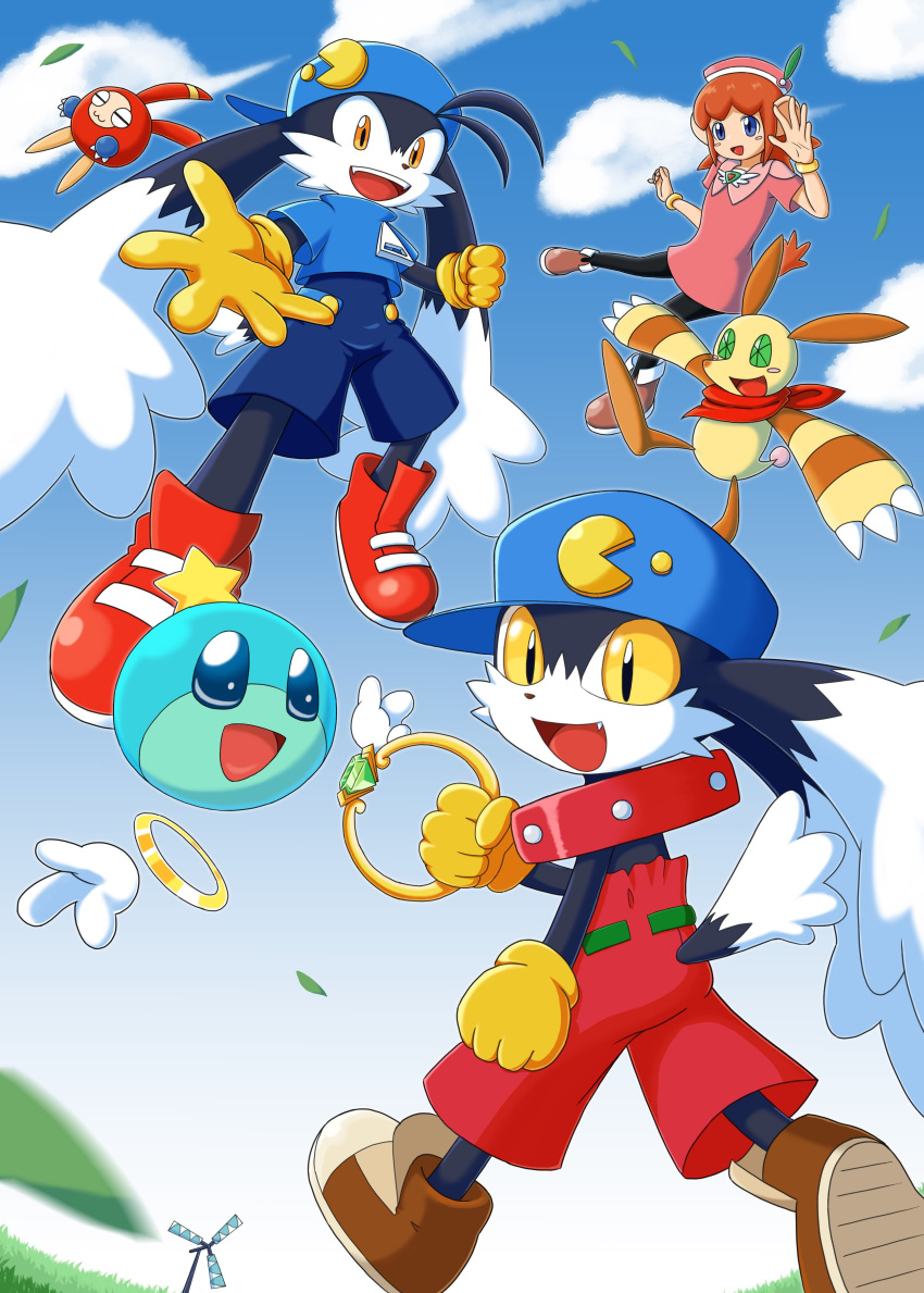 1girl 4boys absurdres animal_ears backwards_hat baggy_shorts belt black_fur blue_eyes blue_headwear blue_shirt blue_sky brown_footwear cabbit claws furry furry_male gloves green_belt hat highres holding holding_jewelry holding_ring huepow jewelry kaze_no_klonoa klonoa lolo_(klonoa) looking_at_viewer mohusuke monkey_ears multiple_boys open_mouth popka rabbit_boy red_footwear ring shirt shoes shorts sky slit_pupils smile tail teeth upper_teeth_only very_long_ears windmill yellow_gloves