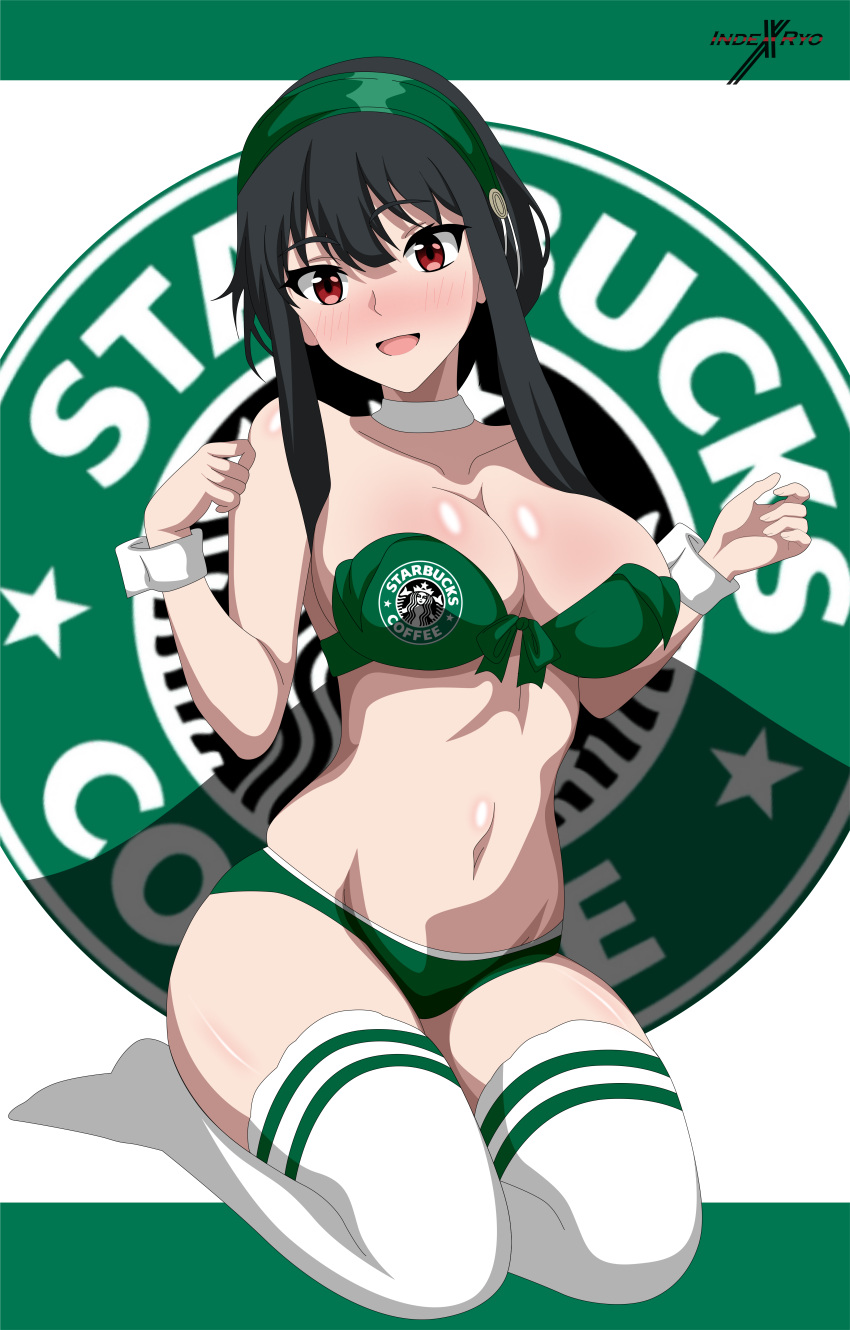 1girl absurdres bikini black_hair breasts double_vertical_stripe front-tie_bikini_top front-tie_top green_bikini green_hairband hairband highres indexxryo large_breasts long_hair looking_at_viewer navel open_mouth red_eyes sidelocks solo spy_x_family starbucks strapless strapless_bikini swimsuit thighhighs white_thighhighs white_wrist_cuffs wrist_cuffs yor_briar