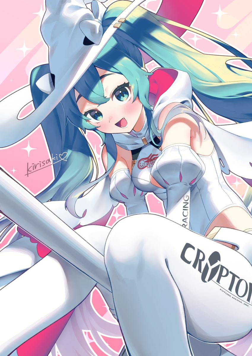 1girl :d aqua_hair bare_shoulders bow breasts broom broom_riding cape clothes_writing detached_sleeves feet_out_of_frame goodsmile_racing hair_over_shoulder hair_through_headwear hat hat_bow hatsune_miku highleg highleg_leotard highres hood hood_down hooded_cape kirisaki_shuusei leotard long_hair looking_at_viewer outline pants pink_background racing_miku racing_miku_(2024) small_breasts smile solo sparkle twintails very_long_hair vocaloid white_bow white_headwear white_leotard white_outline white_pants witch_hat