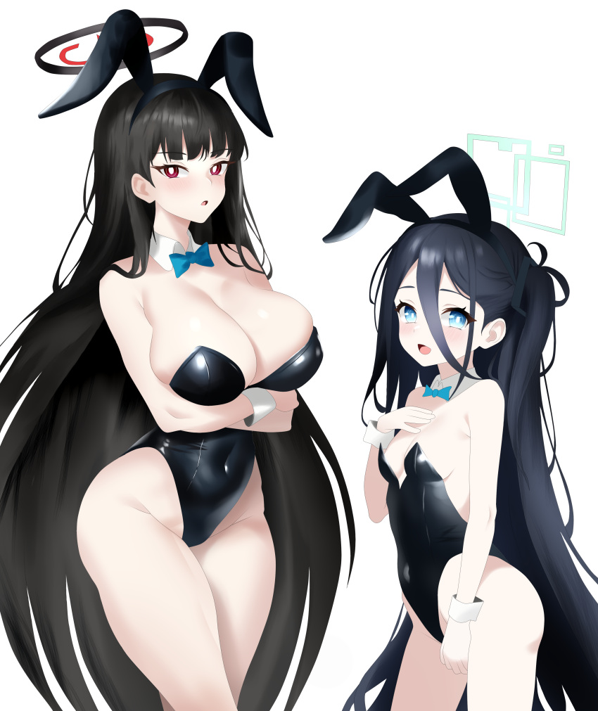 2girls absurdres animal_ears aqua_halo aris_(blue_archive) arms_under_breasts black_hair black_leotard blue_archive blue_bow blue_bowtie blue_eyes bow bowtie breasts crossed_arms detached_collar hair_between_eyes highres large_breasts leotard long_hair looking_at_viewer multiple_girls one_side_up open_mouth playboy_bunny potgit rabbit_ears red_eyes rio_(blue_archive) simple_background small_breasts square_halo standing strapless strapless_leotard very_long_hair white_background wrist_cuffs