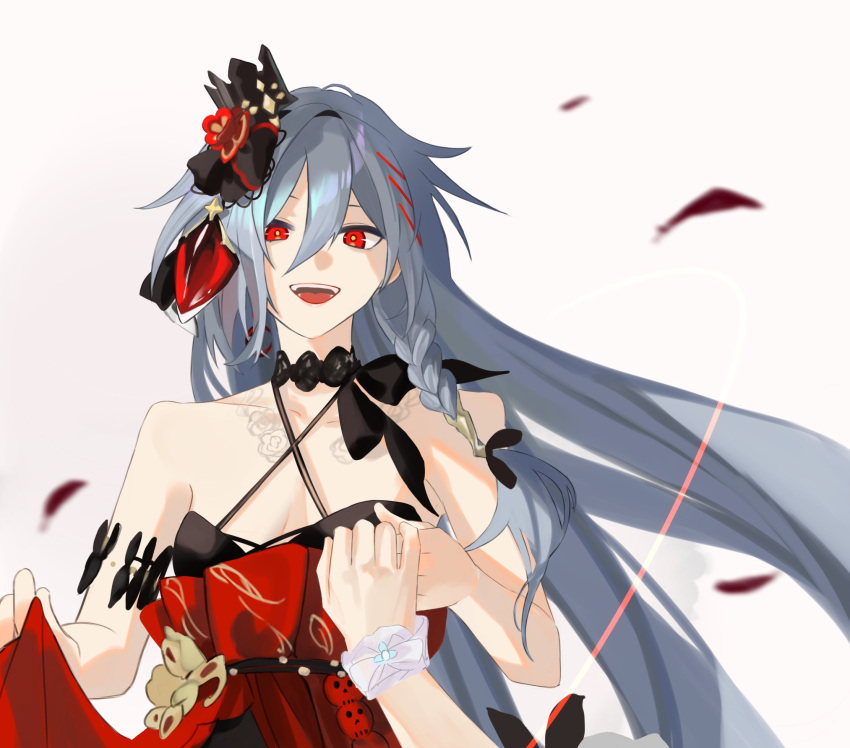 1girl black_choker choker dress fu_hua fu_hua_(herrscher_of_sentience) fu_hua_(turn_up_the_music!)_(herrscher_of_sentience) grey_hair hair_between_eyes hair_ornament hand_on_another's_hand highres honkai_(series) honkai_impact_3rd long_hair looking_at_another multicolored_hair official_alternate_costume red_dress red_eyes sho_2nini simple_background sleeveless sleeveless_dress solo streaked_hair upper_body white_background white_hair yellow_pupils