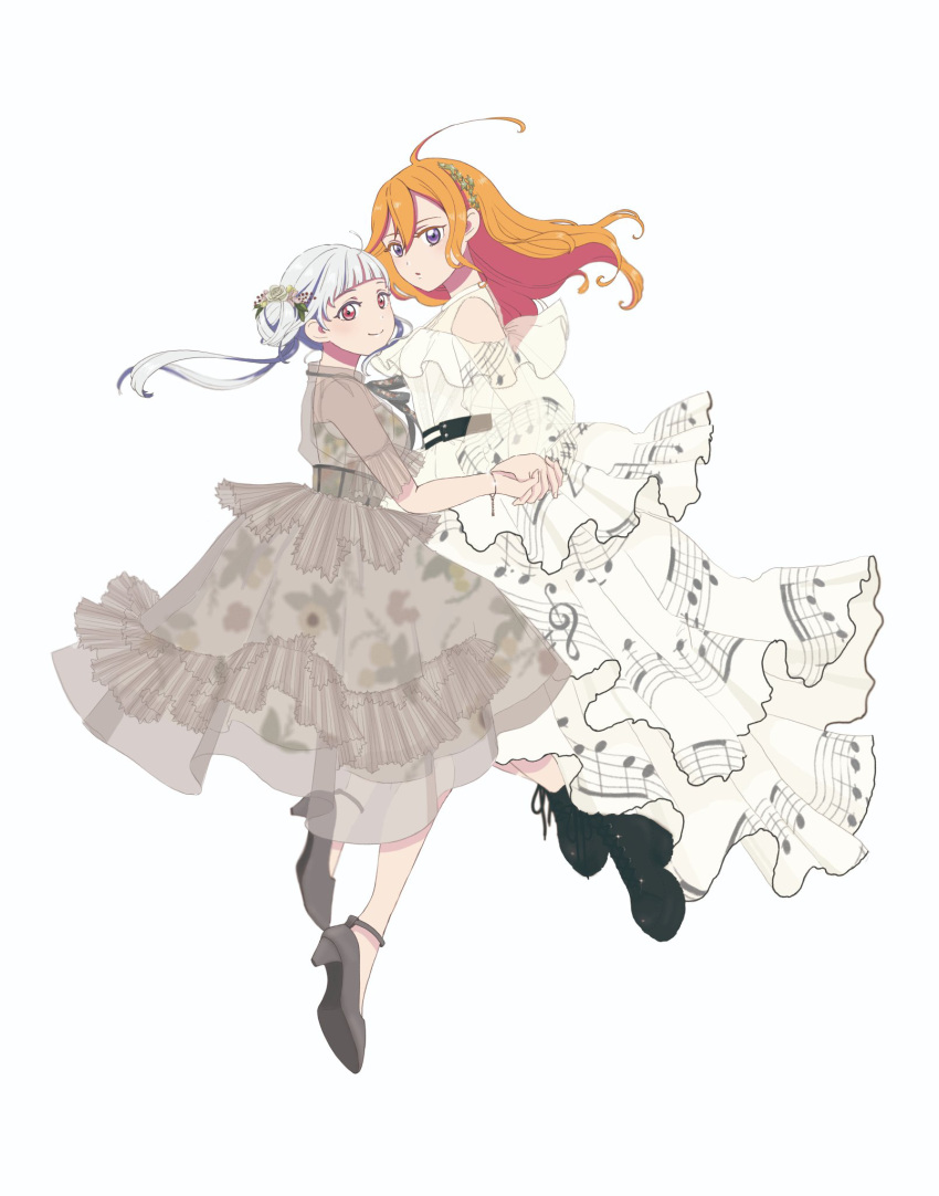 2girls ahoge arashi_chisato beamed_eighth_notes beamed_sixteenth_notes black_footwear boots bracelet breasts brown_eyes flats floating floating_hair floral_print flower grey_footwear hair_bun hair_flower hair_ornament highres holding_hands jewelry km long_hair looking_at_viewer love_live! love_live!_superstar!! multiple_girls musical_note musical_note_print orange_hair parted_lips purple_eyes rose sharp_sign sheet_music shibuya_kanon sidelocks simple_background small_breasts smile sunflower_print treble_clef white_background white_hair