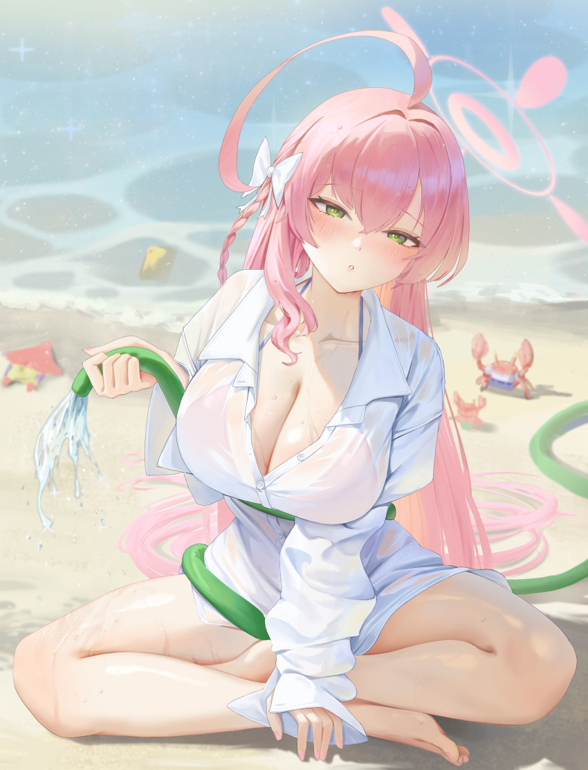 1girl :o absurdres ahoge bare_legs barefoot bikini bikini_under_clothes blue_archive blush bow braid breasts cleavage collared_shirt crab english_commentary green_eyes hair_bow halo hanako_(blue_archive) hanako_(swimsuit)_(blue_archive) hand_up highres holding holding_hose hose indian_style large_breasts long_hair long_sleeves looking_at_viewer lumen_re mr._krabs ocean official_alternate_costume open_mouth outdoors patrick_star pink_hair pink_halo shirt single_braid sitting solo spongebob_squarepants spongebob_squarepants_(series) swimsuit toes very_long_hair white_bow white_shirt