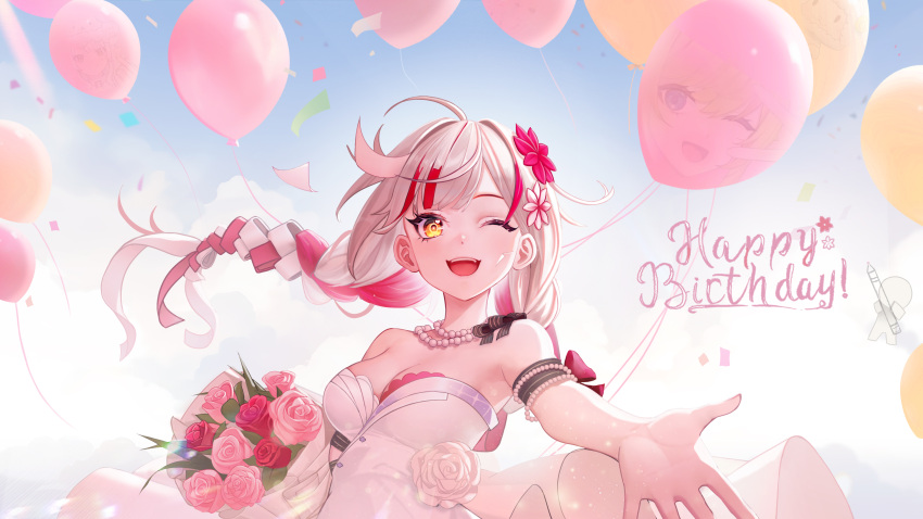 1girl ;d absurdres ahoge arm_ribbon bare_shoulders black_ribbon blue_sky bouquet braid breasts cleavage cloud confetti dress floating_hair flower hair_flower hair_ornament happy_birthday highres holding holding_bouquet isabella_holly low_twin_braids medium_breasts multicolored_hair nebula_beat one_eye_closed open_hand outstretched_arm outstretched_hand pink_flower pink_rose reaching reaching_towards_viewer red_flower red_hair red_rose revdol ribbon rose shanchui_nan sky smile solo strapless strapless_dress streaked_hair teeth too_many_balloons twin_braids upper_body upper_teeth_only virtual_youtuber white_dress white_flower white_hair xuan_xiaozhi yellow_eyes