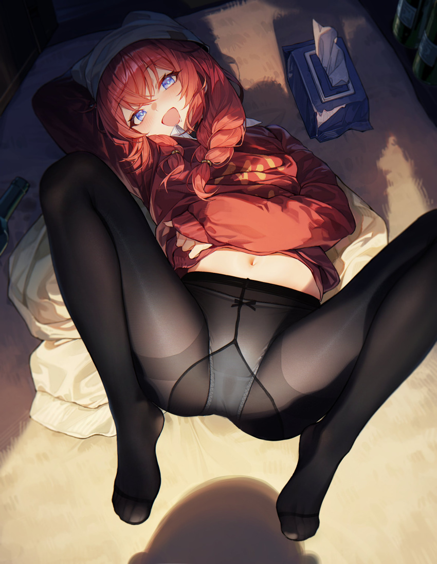 1girl 1other :d absurdres animal_ear_headwear arm_behind_back beanie beer_bottle black_pantyhose blue_archive blue_eyes blush braid commentary crotch_seam fine_fabric_emphasis hat highres long_sleeves looking_at_viewer lying maki_(blue_archive) maki_(camp)_(blue_archive) midriff_peek navel no_halo official_alternate_costume official_alternate_hairstyle on_bed open_mouth out_of_frame panties panties_under_pantyhose pantyhose pov_shadow red_hair saliva shadow sishui_liuyue smile solo_focus stained_panties thighband_pantyhose tissue tissue_box twin_braids underwear white_panties