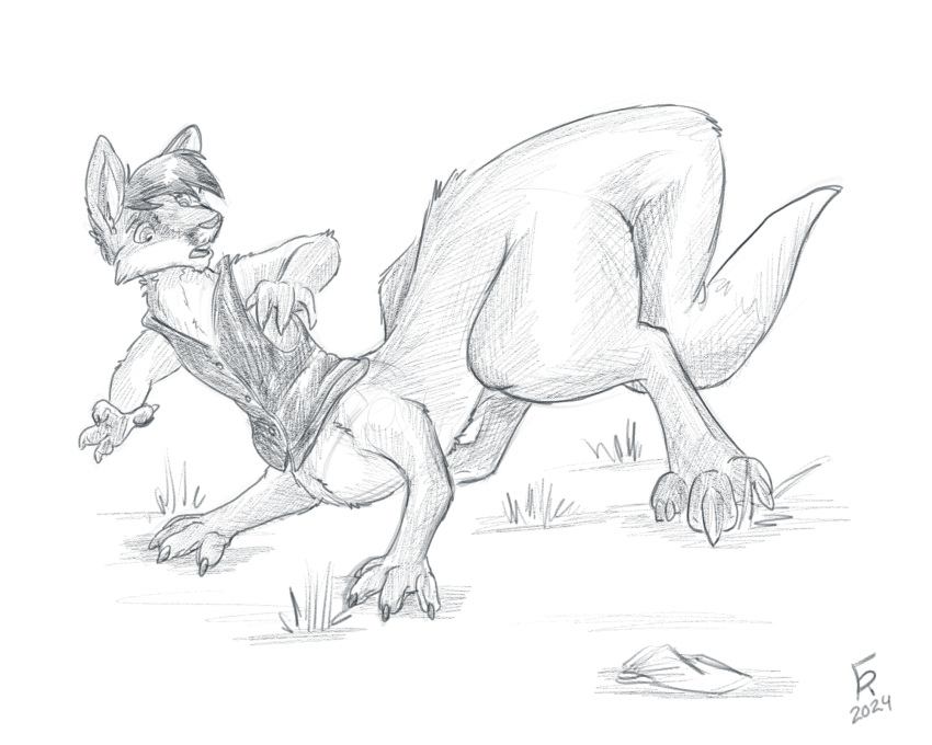 2024 4_fingers bottomless clothed clothing fingers flinters fur grass greyscale hair hi_res kangaroo_taur macropod macropod_taur male mammal mammal_taur marsupial marsupial_taur monochrome plant sketch solo taur topwear tyvulpine vest