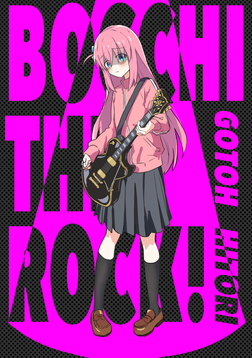 1girl absurdres anime_coloring bass_guitar black_background black_skirt black_socks blue_eyes blush bocchi_the_rock! brown_footwear character_name clip_studio_paint_(medium) closed_mouth copyright_name eyes_visible_through_hair full_body gotoh_hitori hair_between_eyes hair_ornament highres holding holding_instrument instrument jacket kneehighs loafers long_hair long_sleeves looking_at_viewer making-of_available paranoid pink_background pink_hair pink_jacket pleated_skirt polka_dot polka_dot_background ryoha_kosako shaded_face shoes skirt socks solo standing video_thumbnail