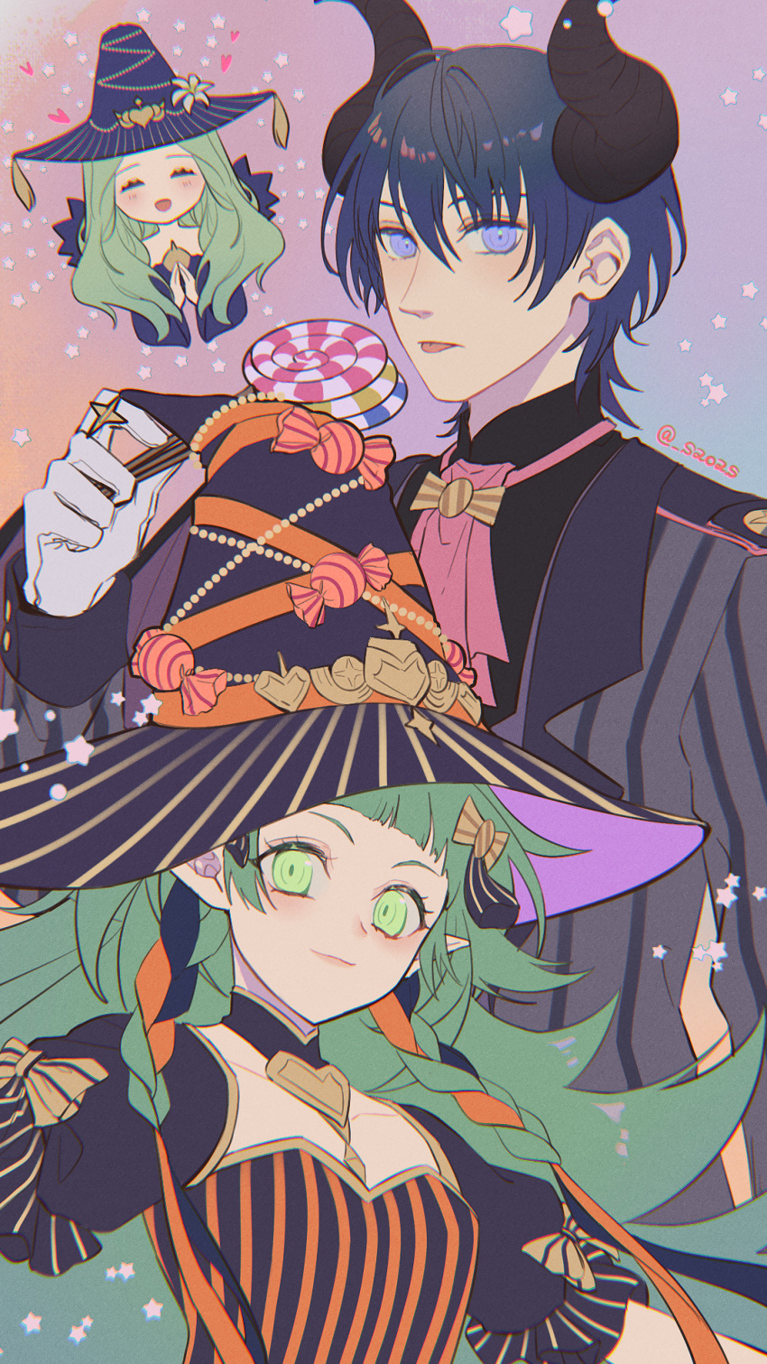 1boy 2girls black_dress black_headwear black_horns black_jacket blue_hair blue_headwear blush byleth_(fire_emblem) byleth_(male)_(fire_emblem) byleth_(male)_(halloween)_(fire_emblem) candy chibi closed_mouth collarbone commentary_request demon_horns dress fake_horns fire_emblem fire_emblem:_three_houses fire_emblem_heroes food gloves green_eyes green_hair halloween halloween_costume hat heart highres holding holding_candy holding_food holding_lollipop horns jacket lollipop long_hair long_sleeves mother_and_daughter multiple_girls oas official_alternate_costume open_mouth own_hands_together pointy_ears purple_eyes rhea_(fire_emblem) rhea_(halloween)_(fire_emblem) short_hair smile sothis_(fire_emblem) sothis_(halloween)_(fire_emblem) striped_clothes striped_dress tongue tongue_out twitter_username vertical-striped_clothes very_long_hair white_gloves witch_hat