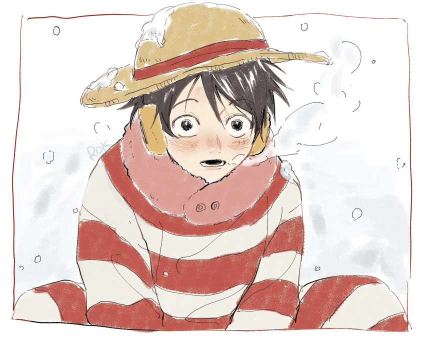 1boy artist_name black_hair blush coat fur_collar hat highres long_sleeves looking_at_viewer male_focus monkey_d._luffy multicolored_coat one_piece red_coat rokurnshu003 scar scar_on_face short_hair sitting snow solo straw_hat striped_coat two-tone_coat white_coat