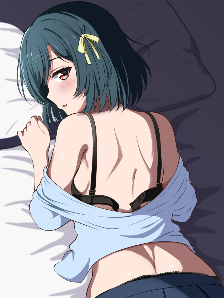 1girl bed_sheet black_bra black_hair blue_skirt blush borgbutler bra brown_eyes from_above hair_ribbon highres looking_back love_live! love_live!_nijigasaki_high_school_idol_club lying medium_hair mifune_shioriko on_bed on_stomach open_bra open_mouth pillow pleated_skirt ribbon shoulder_blades skirt solo underwear yellow_ribbon