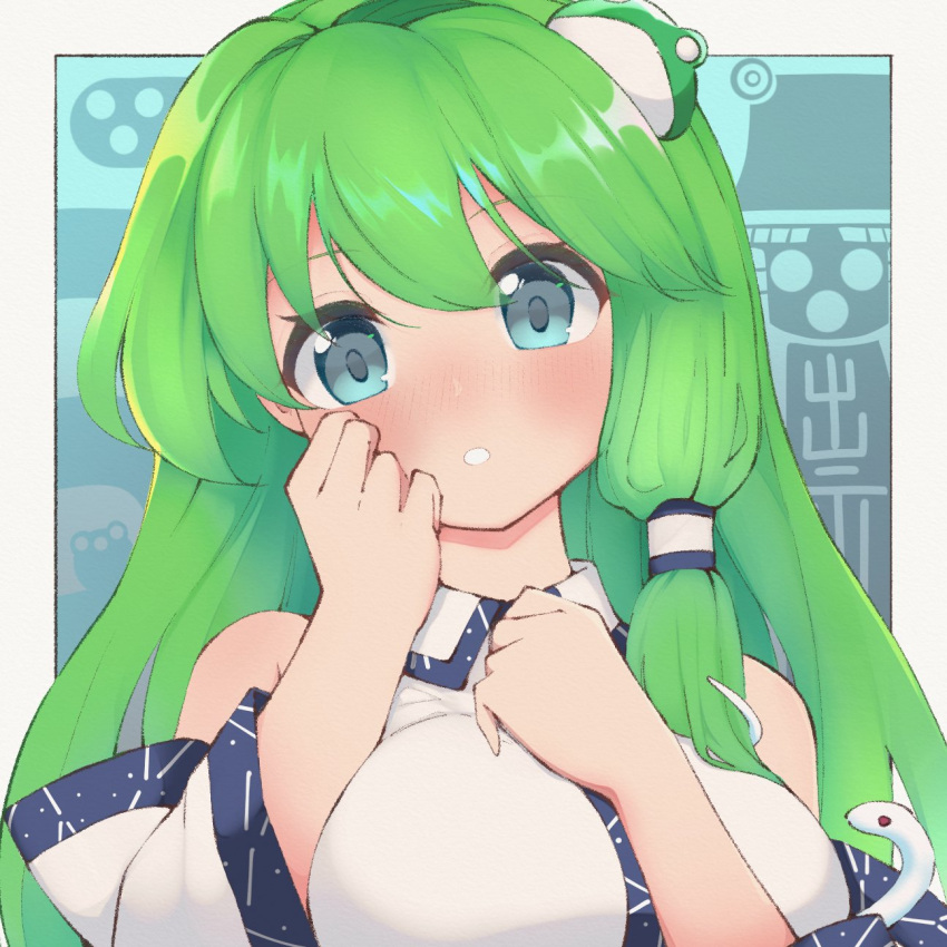 1girl :o bare_shoulders blue_background blue_eyes border breasts collared_shirt detached_sleeves frog_hair_ornament green_hair hair_ornament highres kochiya_sanae large_breasts long_hair long_sleeves nazawa_(nother) shirt single_hair_tube single_sidelock snake_hair_ornament solo touhou very_long_hair white_border white_shirt white_sleeves wide_sleeves