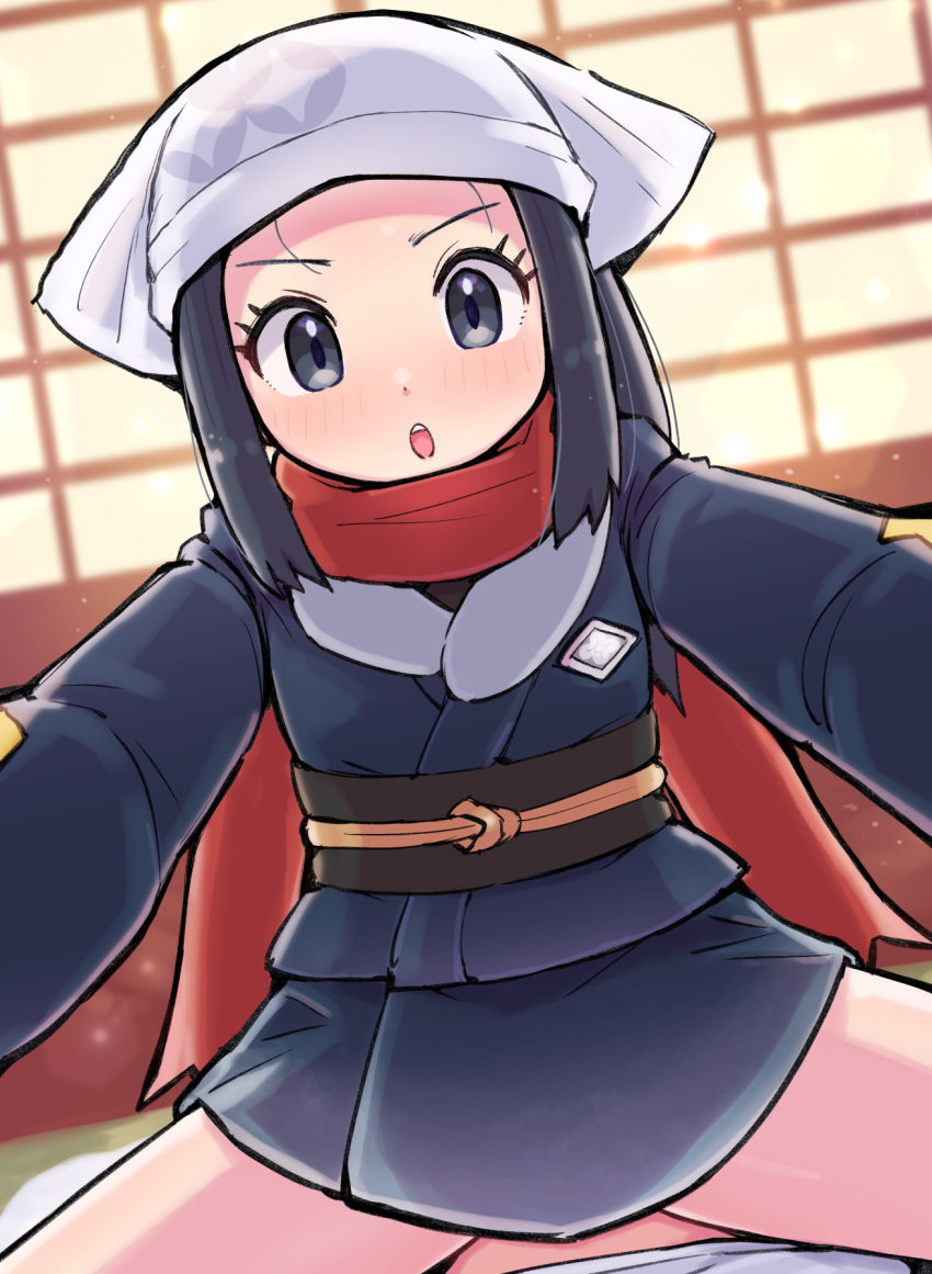 1boy 1girl :o akari_(pokemon) black_hair blurry blurry_background blush commentary_request eyelashes girl_on_top grey_eyes grey_skirt head_scarf hetero highres indoors jacket kutabireta_neko looking_at_viewer pokemon pokemon_legends:_arceus red_scarf sash scarf sidelocks skirt speech_bubble spread_legs teeth upper_teeth_only white_headwear