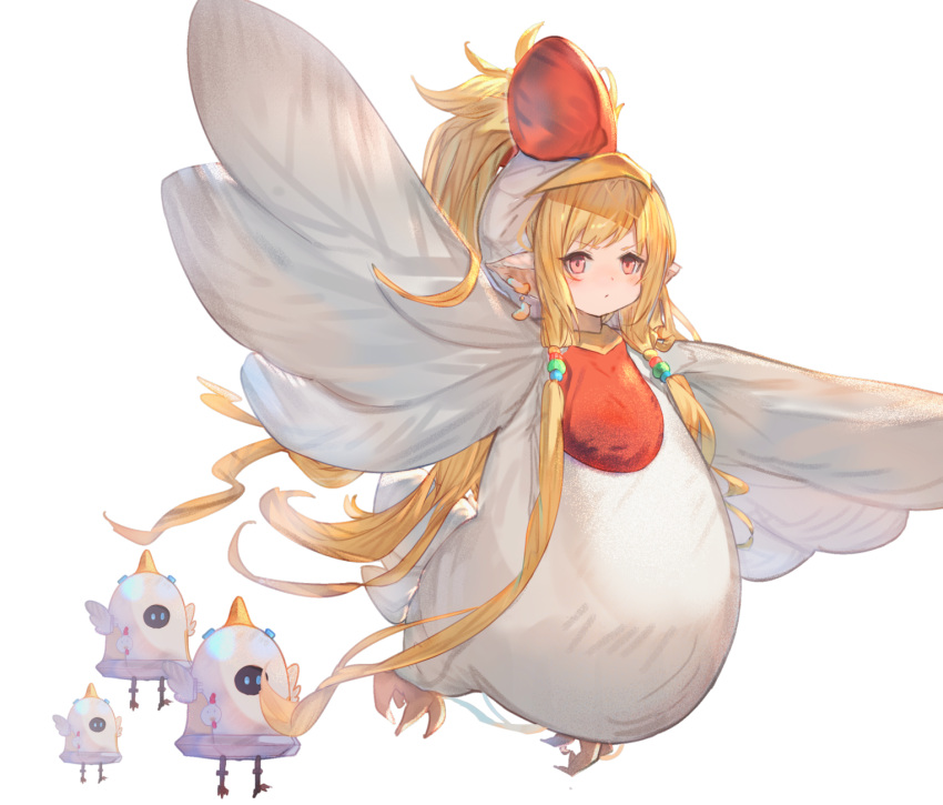 1girl animal_ears bangs blonde_hair blush chicken_costume closed_mouth commentary_request eyebrows_visible_through_hair granblue_fantasy harvin highres long_hair looking_at_viewer mahira_(granblue_fantasy) red_eyes simple_background solo tota_(sizukurubiks) v-shaped_eyebrows very_long_hair white_background