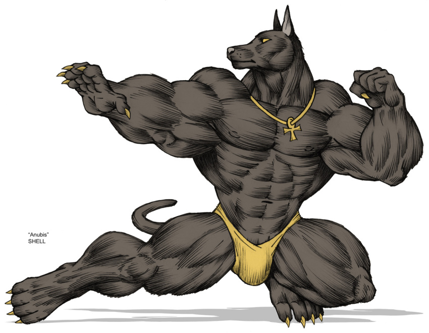 ankh anthro anubian_jackal anubis big_muscles bulge canid canine canis clothed clothing deity detailed_bulge egyptian_mythology genital_outline huge_muscles hyper hyper_muscles jackal jay_shell male mammal middle_eastern_mythology muscular mythology nipples pecs penis_outline solo topless underwear