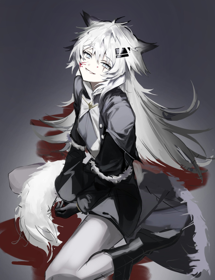 1girl animal_ears arknights black_cape black_coat black_footwear black_gloves blood blood_on_face blood_on_ground boots cape coat commentary_request full_body fur_trim gloves grey_background grey_eyes hair_between_eyes hair_ornament hairclip half-closed_eyes head_back highres hyun1136297 knee_boots korean_commentary lappland_(arknights) long_hair long_sleeves looking_at_viewer messy_hair pants scar scar_across_eye sitting sketch smile solo tail wariza white_hair white_pants white_tail wolf_ears wolf_girl wolf_tail