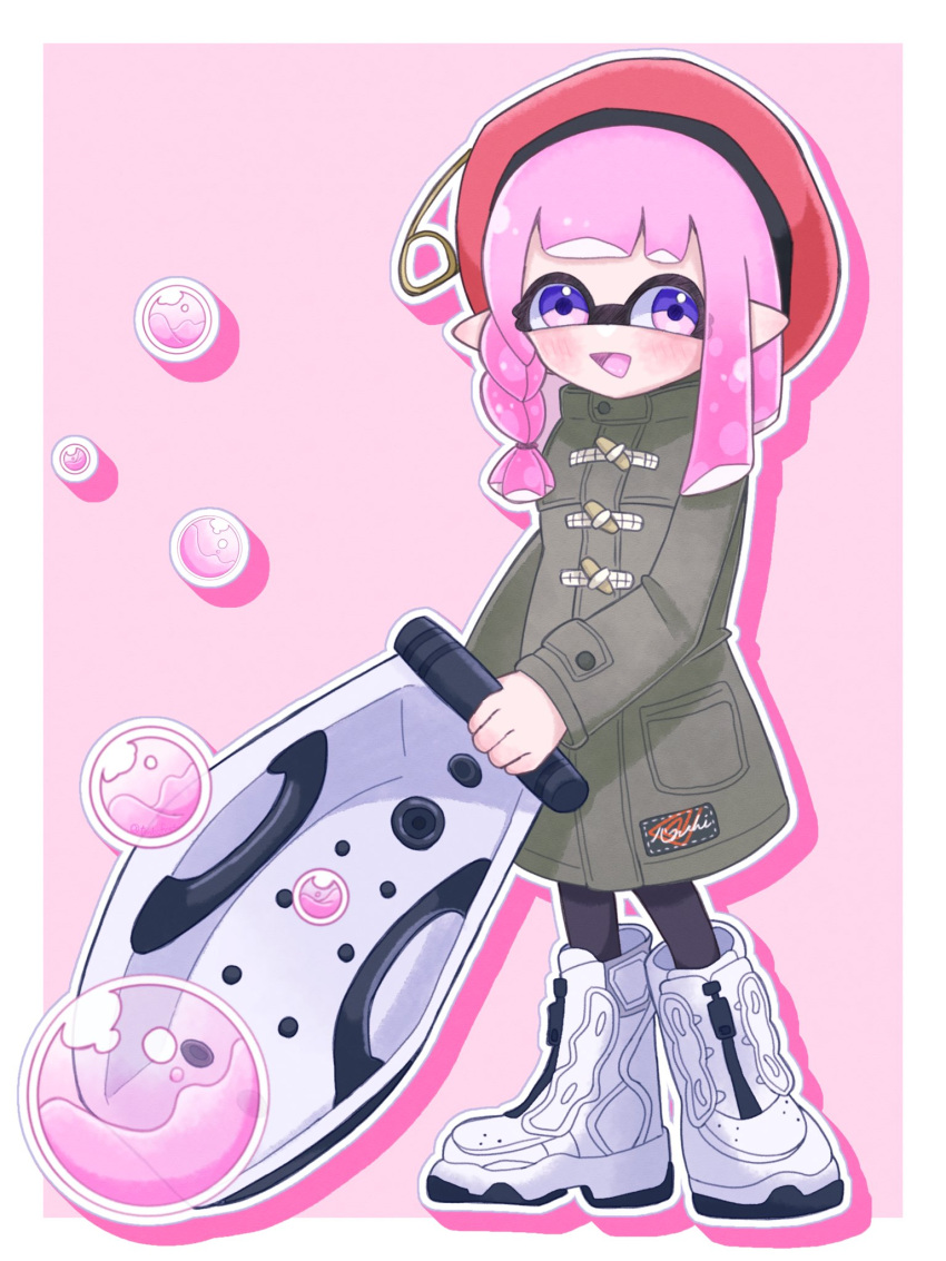 1girl :d beret bloblobber_(splatoon) border braid braided_sidelock bubble coat commentary_request full_body green_coat hat high_tops highres holding holding_weapon inkling inkling_girl inkling_player_character long_hair open_mouth outside_border pink_background pink_hair pointy_ears purple_eyes red_headwear shoes simple_background single_braid smile sneakers solo splatoon_(series) splatoon_3 standing tentacle_hair tonbofree weapon white_border white_footwear