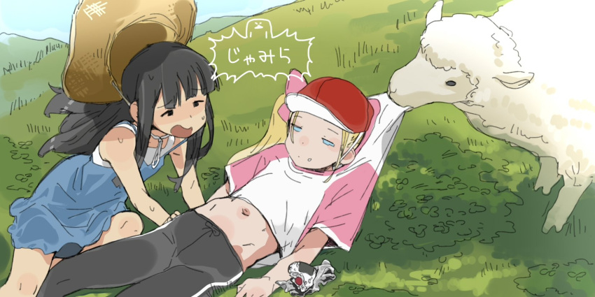 2girls animal bare_shoulders biting biting_clothes black_eyes black_hair blonde_hair blue_dress blue_eyes dress ettone food food_on_face hat highres multiple_girls navel onigiri original outdoors sheep side_ponytail sun_hat sweat