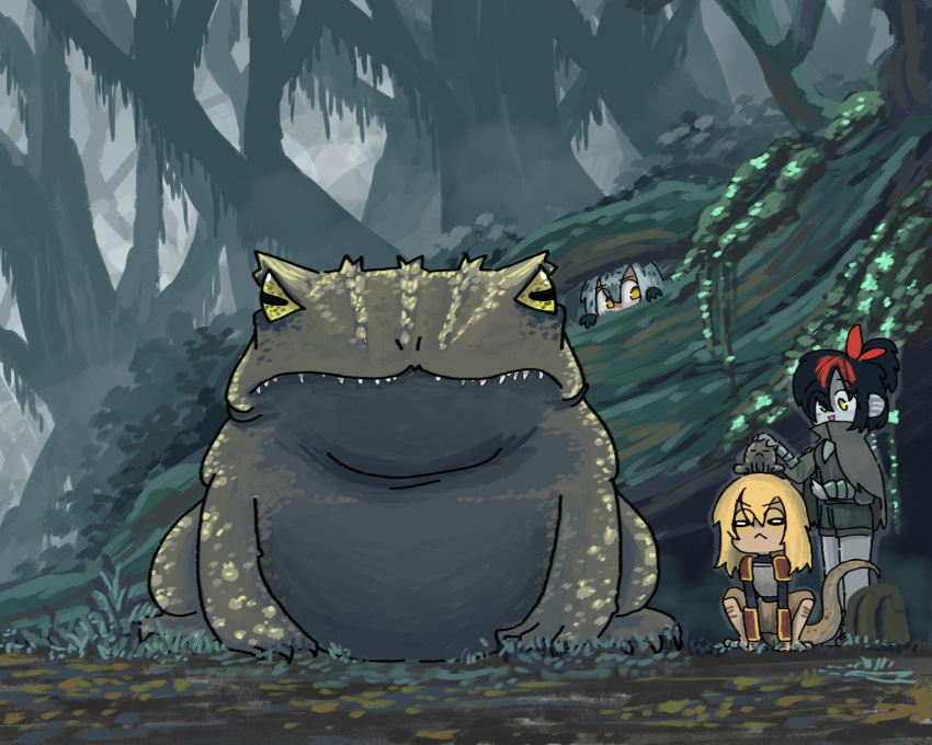 3girls :&lt; animal animal_on_head armor backpack bag black_hair blank_eyes blonde_hair colored_skin commentary day dusty_(ddusty) english_commentary forest frog grey_cloak grey_hair grey_skin hair_between_eyes highres imitating lizard_tail long_sleeves multicolored_hair multiple_girls nature on_head original outdoors peeking_out ponytail red_hair scared shorts smile squatting standing streaked_hair tail yellow_eyes