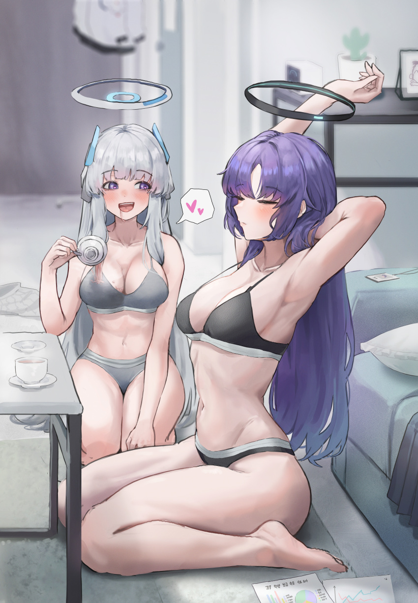 2girls absurdres armpits bare_legs barefoot black_bra black_panties blue_archive bra breasts cleavage cup female_pervert grey_bra grey_hair grey_panties halo heart highres indoors jacket lanyard large_breasts long_hair looking_at_another multiple_girls navel noa_(blue_archive) panties pervert photo_(object) plant potted_plant purple_eyes purple_hair saucer seiza sitting skirt spilling spoken_heart stomach stretching teacup underwear underwear_only unworn_jacket unworn_skirt uth_95 very_long_hair yuuka_(blue_archive)