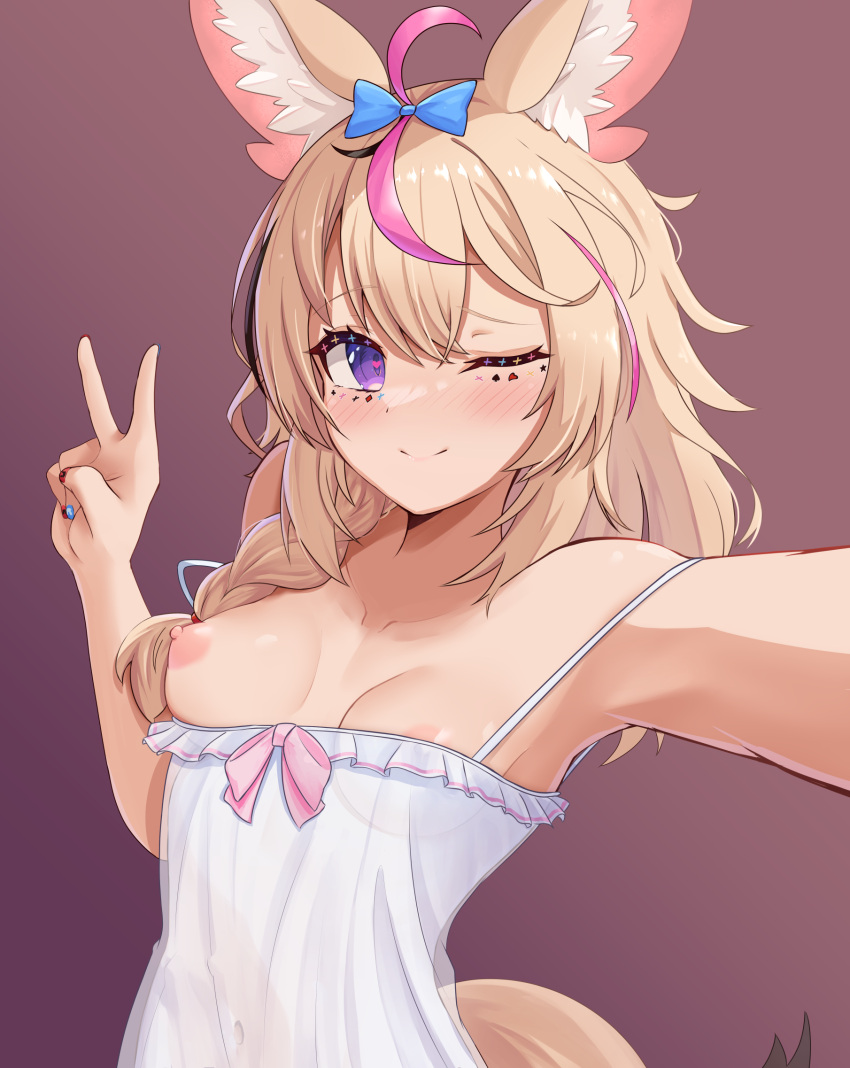 1girl ahoge alternate_costume animal_ear_fluff animal_ears bare_shoulders black_hair blonde_hair blue_bow blue_nails blush bow braid breasts camisole closed_mouth commentary english_commentary facial_mark fox_ears fox_girl fox_tail gradient_background hair_between_eyes hair_bow hair_over_shoulder hand_up heart heart-shaped_pupils highres hololive long_hair looking_at_viewer multicolored_hair multicolored_nails nail_polish nipples omaru_polka one_breast_out one_eye_closed outstretched_arm pink_background pink_hair purple_eyes reaching reaching_towards_viewer red_nails selfie side_braid simple_background single_braid small_breasts smile solo streaked_hair symbol-shaped_pupils tail telomere upper_body v variant_set virtual_youtuber white_camisole