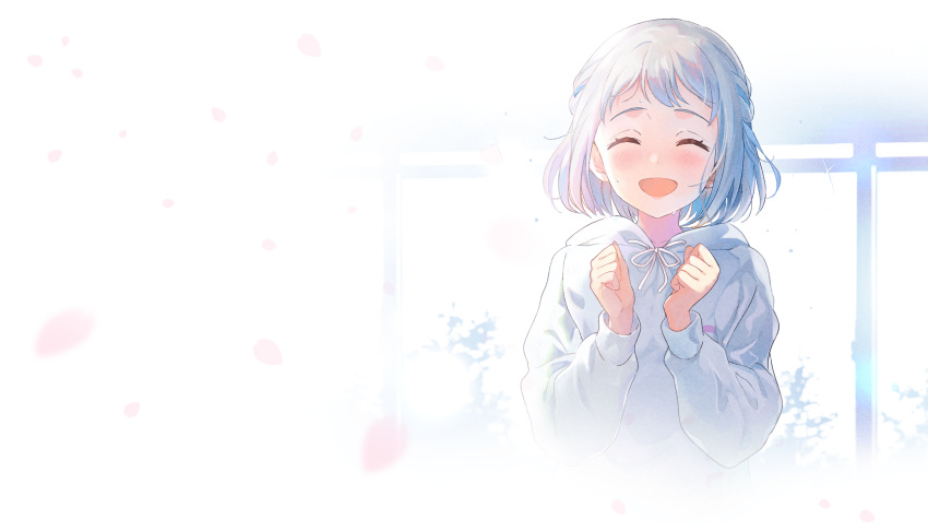 1girl artist_request blue_hair blurry blurry_background blush braid clenched_hands closed_eyes dot_nose double-parted_bangs drawstring facing_viewer falling_petals french_braid gakuen_idolmaster grey_hair hands_up highres hood hood_down hoodie long_sleeves multicolored_hair official_art open_mouth petals short_bangs short_hair side_braid smile solo straight-on streaked_hair sweat tied_drawstring two-tone_hair upper_body white_hoodie window