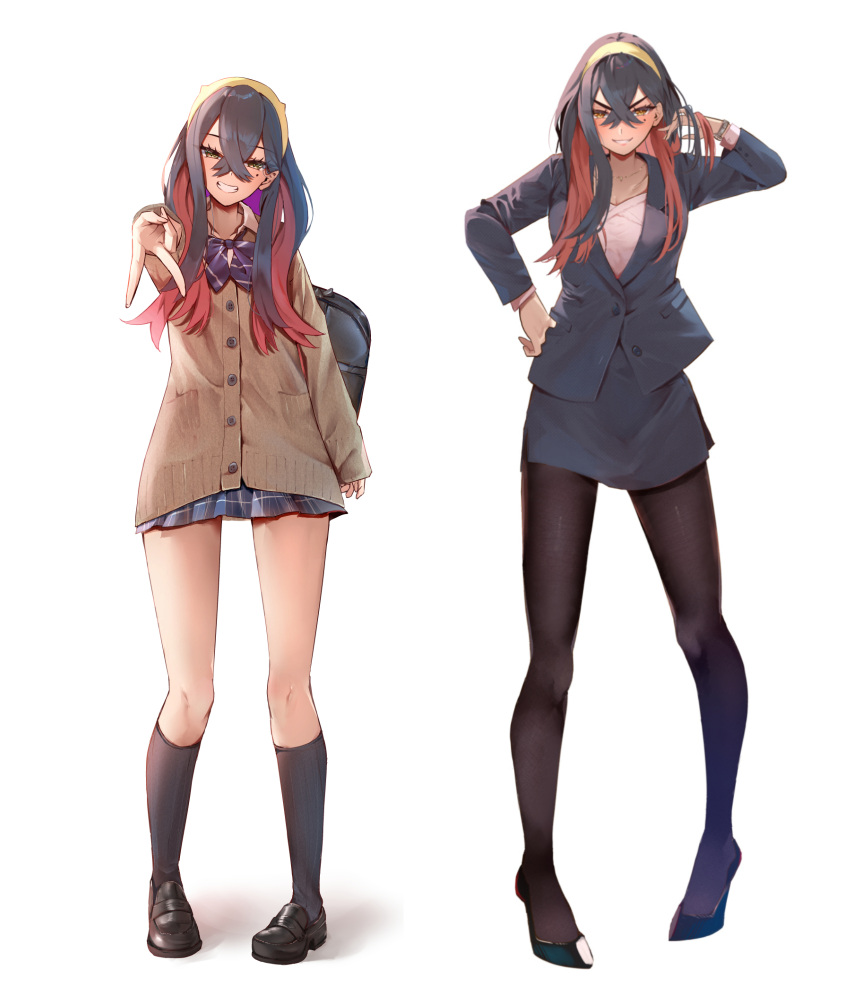 1girl age_progression alternate_costume black_hair black_skirt breasts business_suit carmine_(pokemon) colored_inner_hair crossed_bangs eyelashes full_body hair_between_eyes hairband highres large_breasts long_hair long_sleeves looking_at_viewer mole mole_under_eye momdy_(talesshinja) multicolored_hair pantyhose pencil_skirt pleated_skirt pokemon pokemon_sv red_hair school_uniform simple_background skirt smile suit two-tone_hair v white_background yellow_eyes yellow_hairband