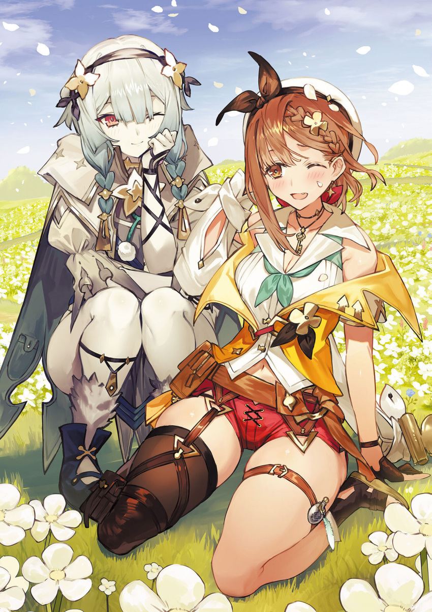 2girls ;) atelier_(series) atelier_ryza atelier_ryza_2 belt beret black_legwear blue_sky braid breasts brown_belt brown_eyes brown_gloves brown_hair cleavage cloud day fang fingerless_gloves flower gloves grass hair_ornament hat highres jacket key_necklace leg_belt long_hair looking_at_another medium_breasts multiple_girls navel official_art one_eye_closed open_mouth outdoors pale_skin red_eyes red_shorts reisalin_stout serri_glaus short_hair short_shorts shorts single_thighhigh sitting sky smile thick_thighs thighhighs thighs toridamono twin_braids wariza white_headwear yellow_jacket