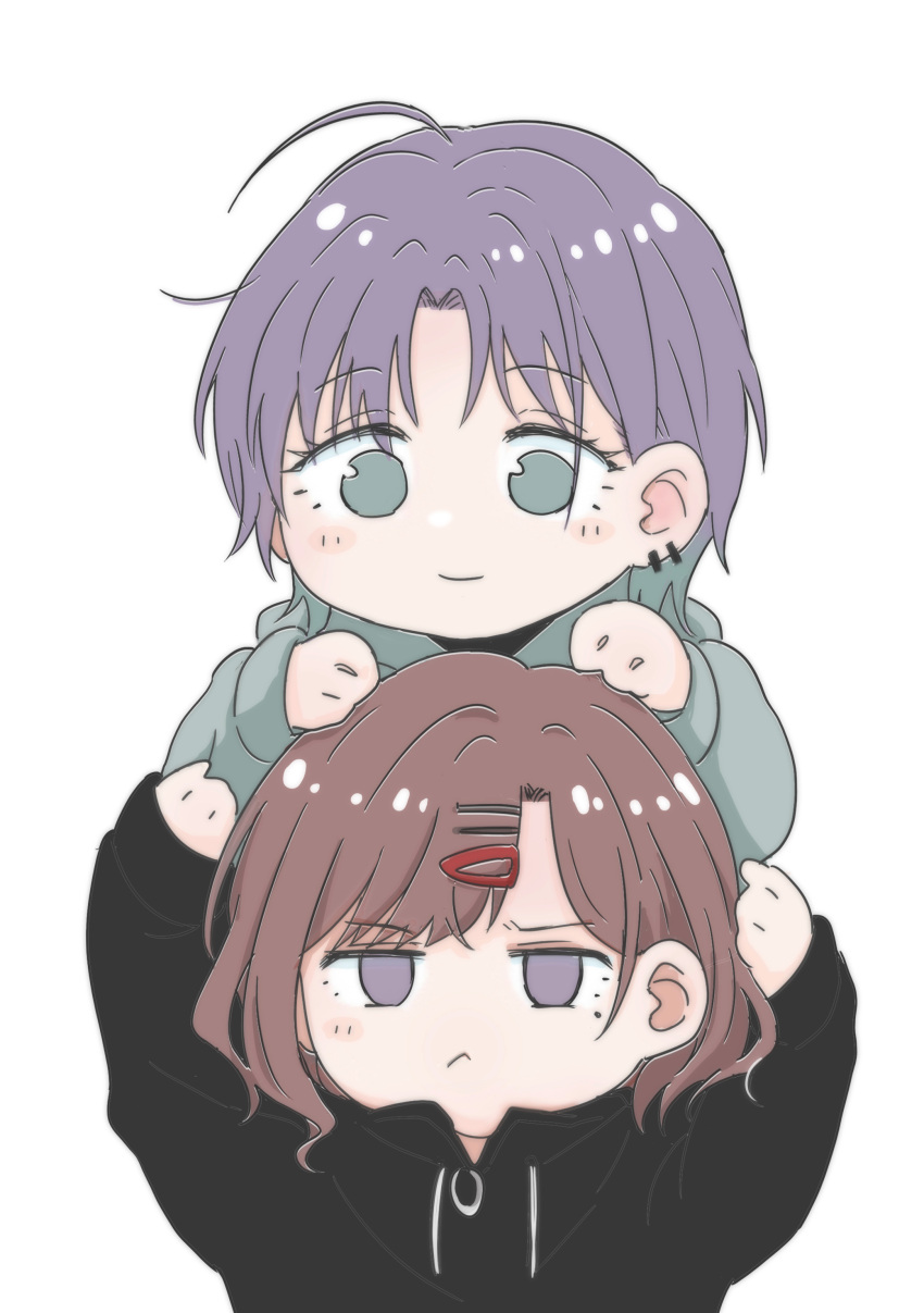 2girls :&lt; absurdres arms_up asakura_toru black_hoodie blush_stickers brown_hair chibi clenched_hands closed_mouth drawstring frown green_eyes green_hoodie hair_ornament hairclip hairpin hands_on_another's_head highres higuchi_madoka hiroya_masaharu hood hoodie idolmaster idolmaster_shiny_colors light_smile looking_at_viewer mole mole_under_eye multiple_girls multiple_hairpins no_pupils purple_eyes purple_hair short_hair simple_background sleeves_past_wrists upper_body white_background