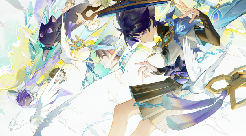 1boy bird black_shorts blue_headwear cape cat dove genshin_impact highres male_focus multiple_persona nahida_(genshin_impact) niwa_(genshin_impact) purple_eyes purple_hair qiao2121 scaramouche_(cat)_(genshin_impact) scaramouche_(genshin_impact) shirt shorts vision_(genshin_impact) wanderer_(genshin_impact) white_shirt