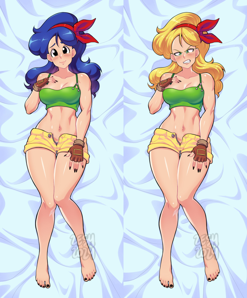 2girls absurdres bare_legs blonde_hair blue_hair blush breasts clenched_teeth crop_top dakimakura_(medium) dragon_ball dragon_ball_(classic) dual_persona female_pubic_hair fingerless_gloves gloves green_tank_top hairband highres knees_together_feet_apart looking_at_viewer lunch_(bad)_(dragon_ball) lunch_(dragon_ball) lunch_(good)_(dragon_ball) lying multiple_girls on_back open_fly pubic_hair pubic_hair_peek red_hairband scowl short_shorts shorts smile tank_top teeth toes yellow_shorts zeshgolden