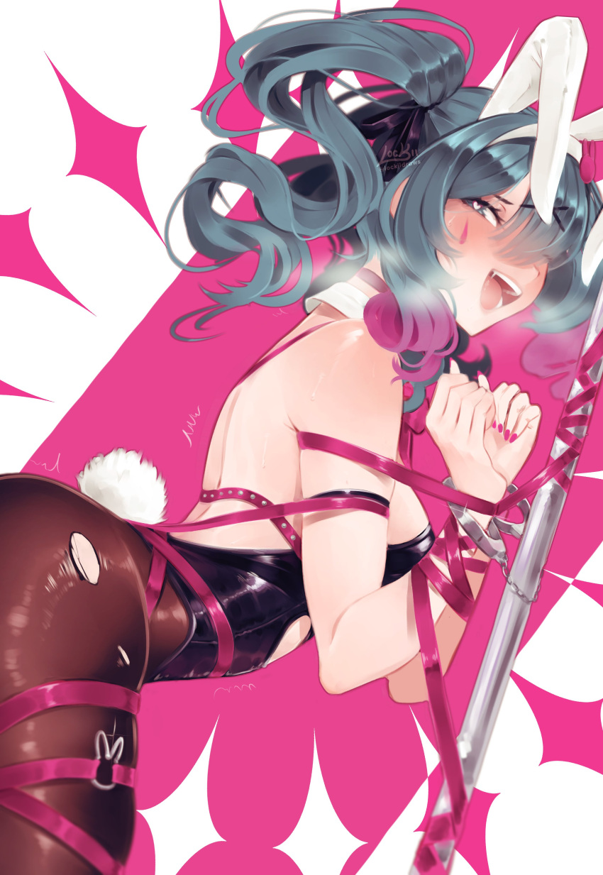 1girl absurdres animal_ear_hairband animal_ears bdsm blue_eyes blue_hair blush bondage bound clothing_cutout cuffs detached_collar fake_animal_ears fake_tail hair_ornament hair_over_one_eye hairband handcuffs hatsune_miku heart heart-shaped_pupils highres leotard lockii long_hair looking_to_the_side multicolored_hair nail_polish navel_cutout open_mouth pantyhose pink_hair playboy_bunny rabbit_ear_hairband rabbit_ears rabbit_hole_(vocaloid) rabbit_tail ribbon ribbon_bondage smile solo strapless strapless_leotard symbol-shaped_pupils tail teardrop_facial_mark torn_clothes torn_pantyhose trembling twintails vocaloid x_hair_ornament