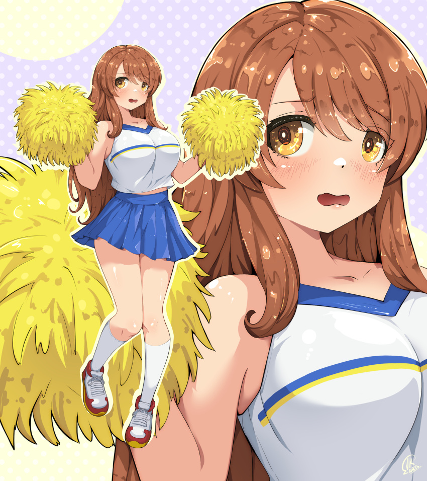 1girl absurdres asahina_mikuru blue_skirt blush breasts brown_eyes cheerleader commission commissioner_upload embarrassed highres jk_arts large_breasts long_hair midriff_peek non-web_source official_alternate_costume orange_hair pom_pom_(cheerleading) shoes simple_background skirt sneakers socks suzumiya_haruhi_no_yuuutsu white_socks