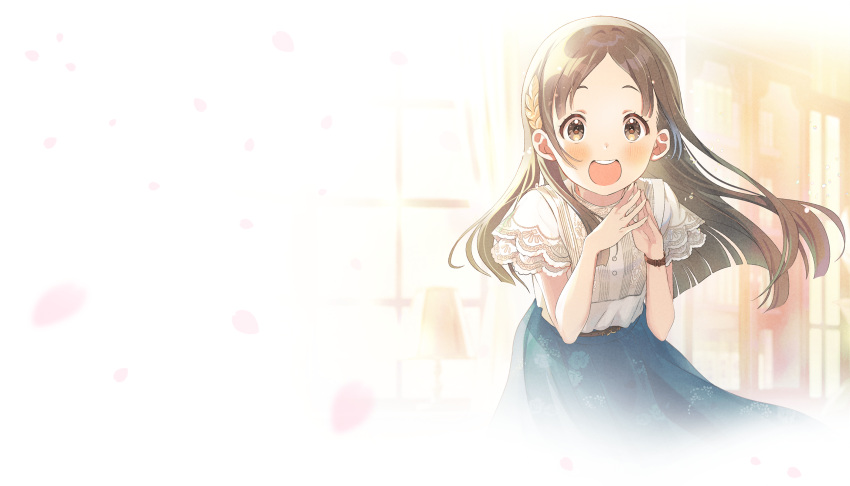 1girl :d artist_request belt blue_skirt blunt_ends blurry blurry_background blush brown_belt brown_eyes brown_hair buttons dot_nose falling_petals floating_hair floral_print floral_print_skirt gakuen_idolmaster hair_ornament hands_up highres lace_sleeves leaf_hair_ornament leaning_forward long_hair looking_at_viewer official_art open_mouth parted_bangs petals shirt short_sleeves skirt smile solo steepled_fingers teeth upper_teeth_only watch white_shirt wristwatch