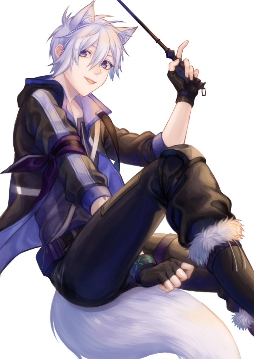 1boy animal_ears arknights bandana black_jacket boots cat_ears commentary_request eyebrows_behind_hair fingerless_gloves fur-trimmed_boots fur_trim gloves highres holding holding_wand infection_monitor_(arknights) jacket knee_pads male_focus open_mouth oripathy_lesion_(arknights) purple_eyes sasamori_3 simple_background smile solo steward_(arknights) tail wand white_background white_hair